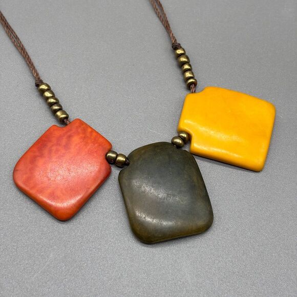 Agate Stone Bead Necklace Green Yellow Orange Polished Natural Brass Spacers - Picture 4 of 12
